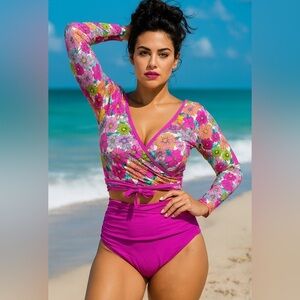 Swimsuits For All Pink Floral Long-Sleeve Wrap Bikini Set